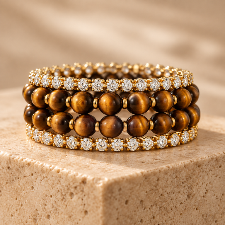 MOZA Nocturne tiger eye and diamond bracelets
